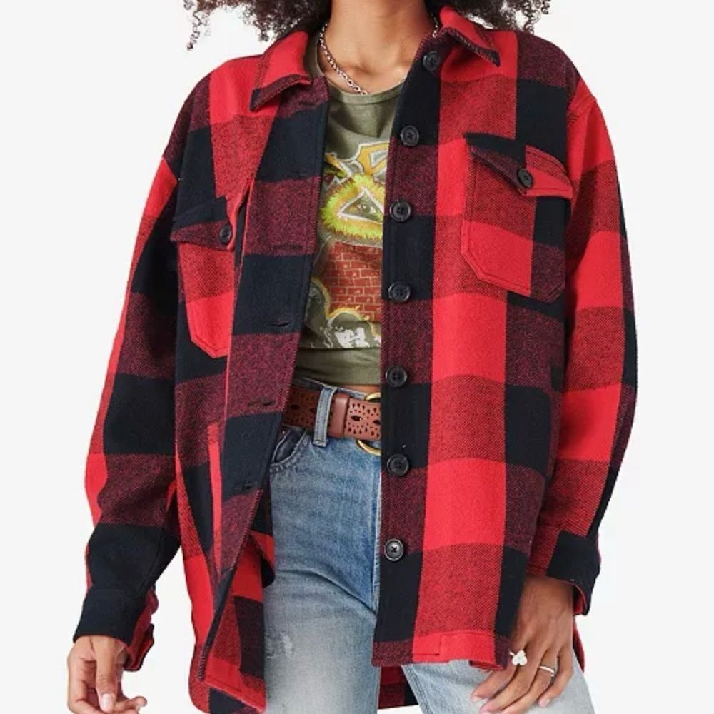 Lucky Brand Cotton Red/Black Buffalo Plaid Shirt Jacket Shacket Size Large